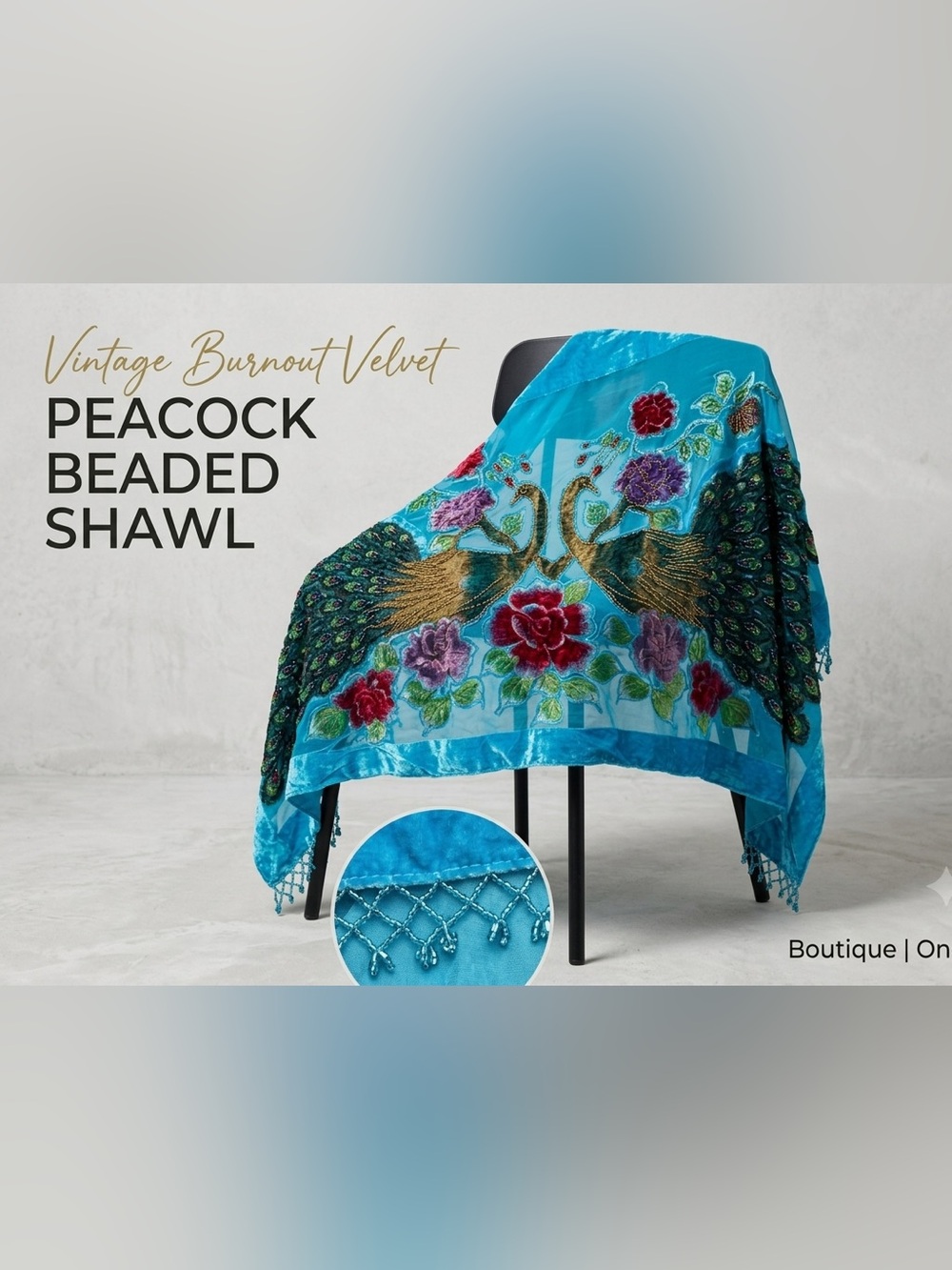 Embroidered Peacock Velvet Shawl in Turquoise with Multicolor Flowers